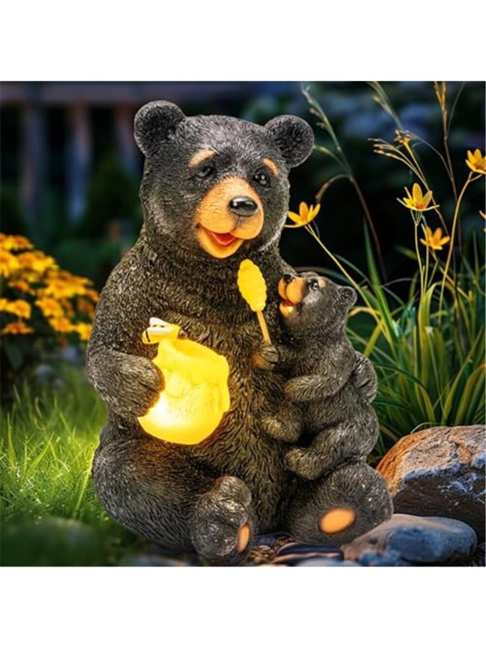 Solar Garden Statues Bears 9" Black, Yard Decorations Outdoor